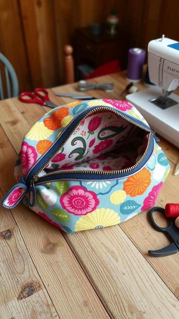 Vibrant clam shell bag on a wooden table with sewing tools.